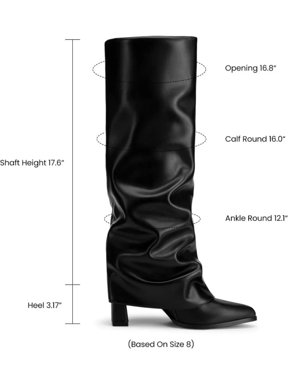 Women's Black Pointed Toe Pu Leather Chunky Heel Fold Over Knee High Boots